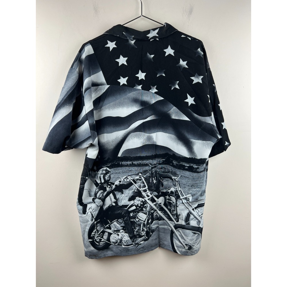 Sapphire Lounge Mens XL Biker Shirt American Flag Motorcycle Print Black White